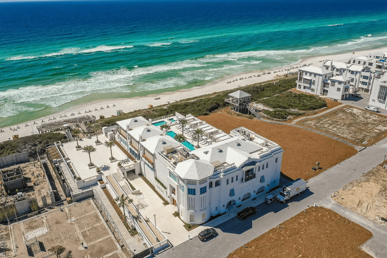 Aerial drone photo of The Camden and The Whitby at Alys Beach, FL, taken by Building Mavens