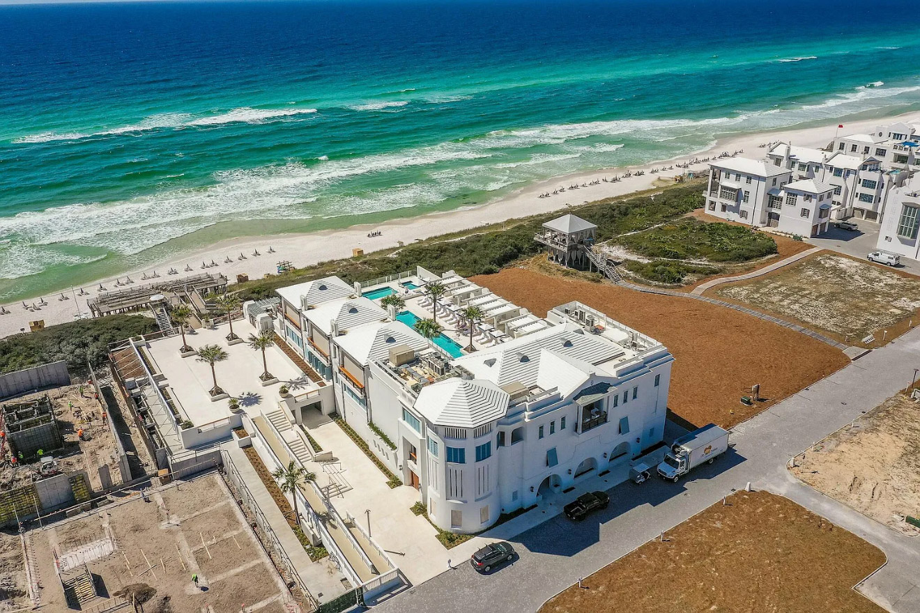 Arial drone photo of The Camden and The Whitby at Alys Beach Florida by Building Mavens