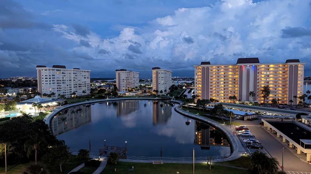 Evening aerial drone photo of residential condos in St. Petersburg, FL