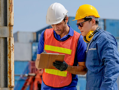 Two men review a property condition assessment on a clipboard while wearing protective helmets.