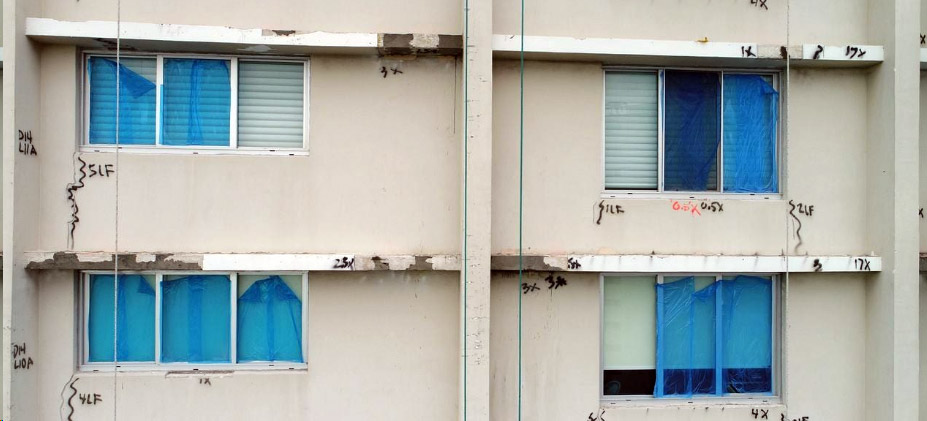 Side of a building in preparation for inspection.