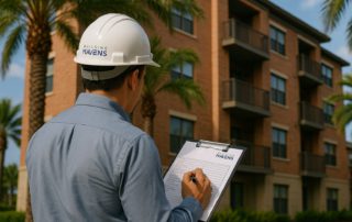 Engineer conducts a property condition assessment with a form in hand while wearing a hard hat.