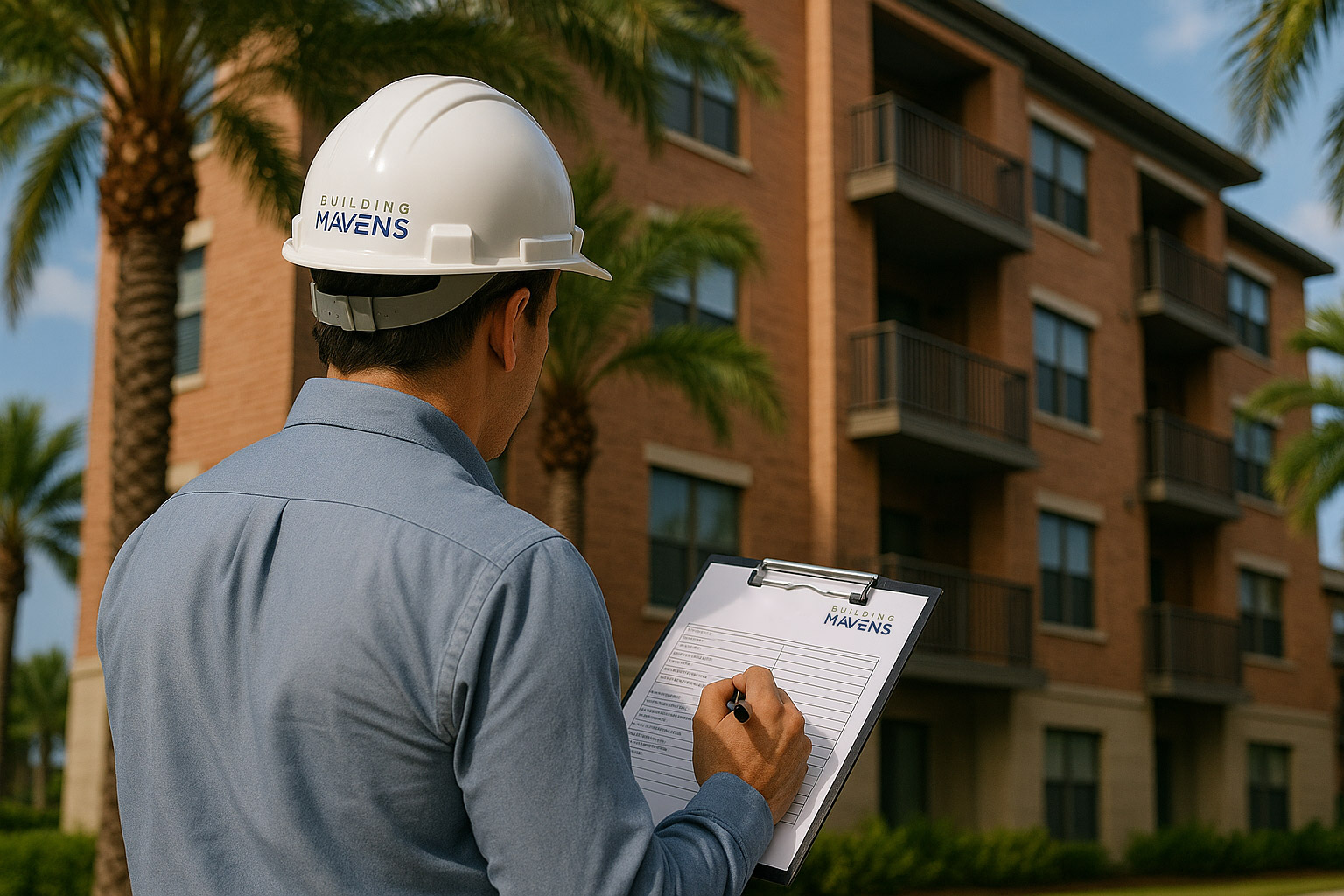 Engineer conducts a property condition assessment with a form in hand while wearing a hard hat.