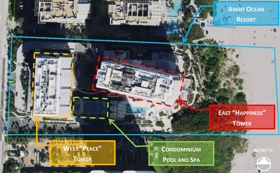aerial-view-amrit-03 Aerial view of all towers in the resort complex, with several buildings outlined in different colors for identification.