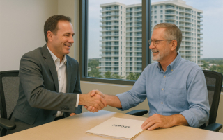 Men shake hands in an office, with one man in a blue shit with his hand on a Turnover Report.