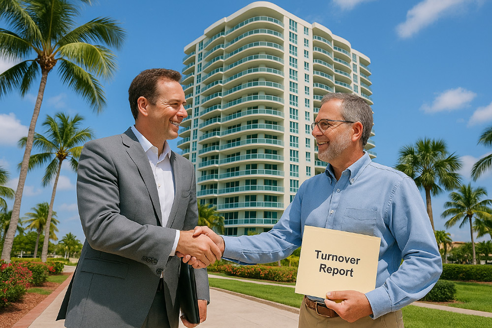 Men shake hands near a condo, with one man in a blue shit holding a Turnover Report.