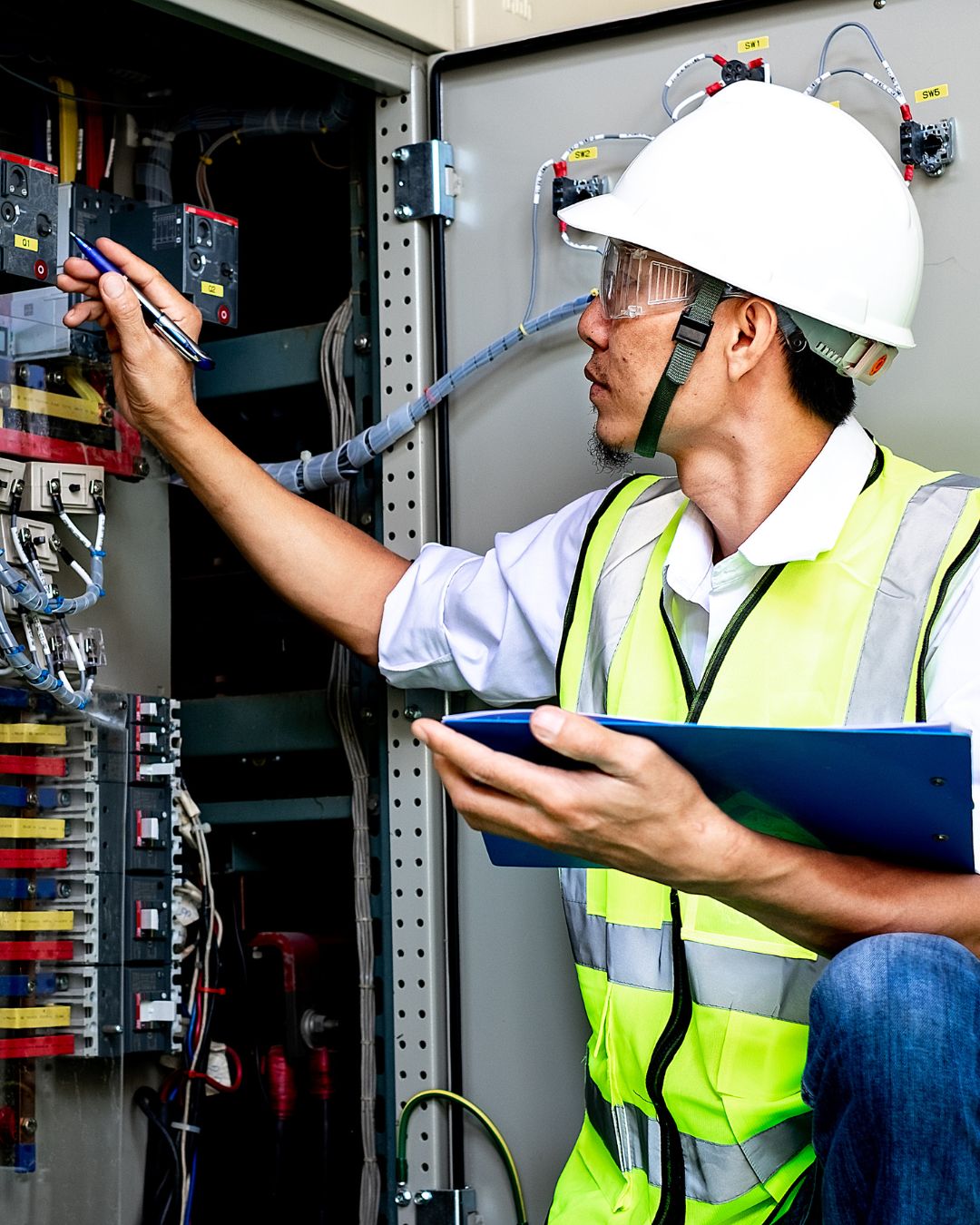Engineer inspects the electical cabinet of a condo.
