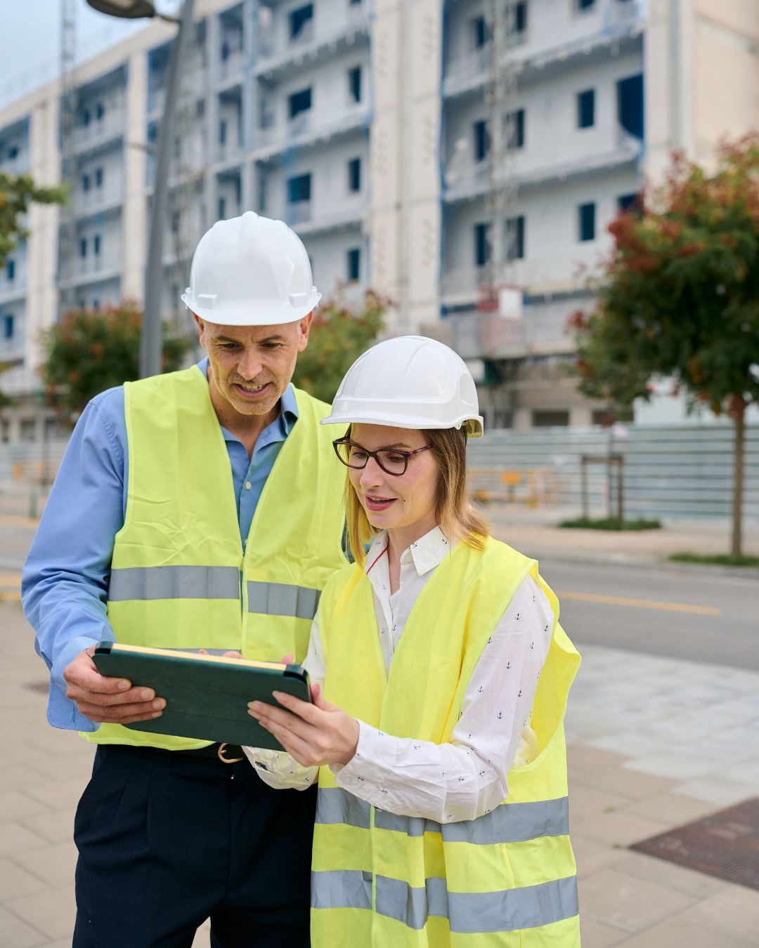 2 engineers in hard hats and yellow vests look at a tablet together.
