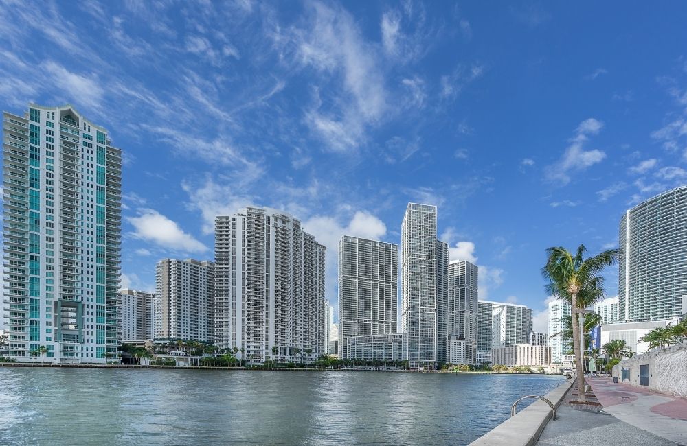Aerial photo of Miami, Florida condos and hotels on a sunny day.