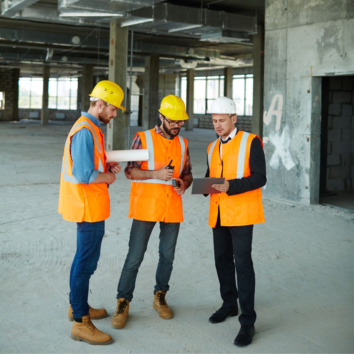 3 engineers in yellow hard hats and bright orange vests look at a clipboard.