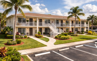 Two-story garden-style apartment building with exterior corridors, landscaped grounds, and palm trees in a Florida multifamily community.