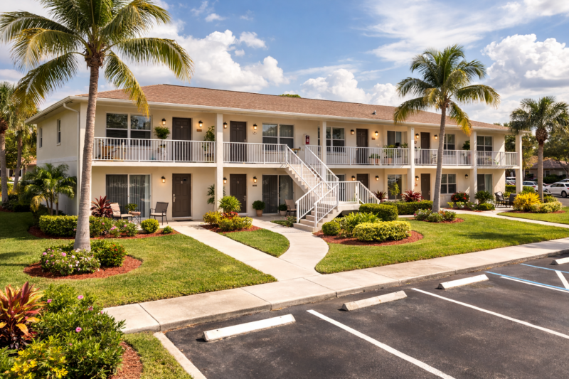 Two-story garden-style apartment building with exterior corridors, landscaped grounds, and palm trees in a Florida multifamily community.