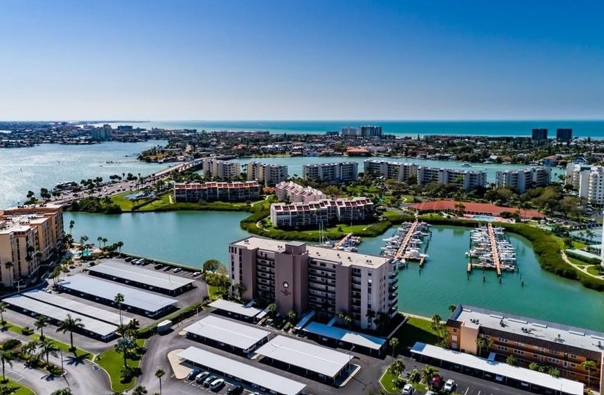 Aerial view of Sun Island waterfront condominium community in Florida.