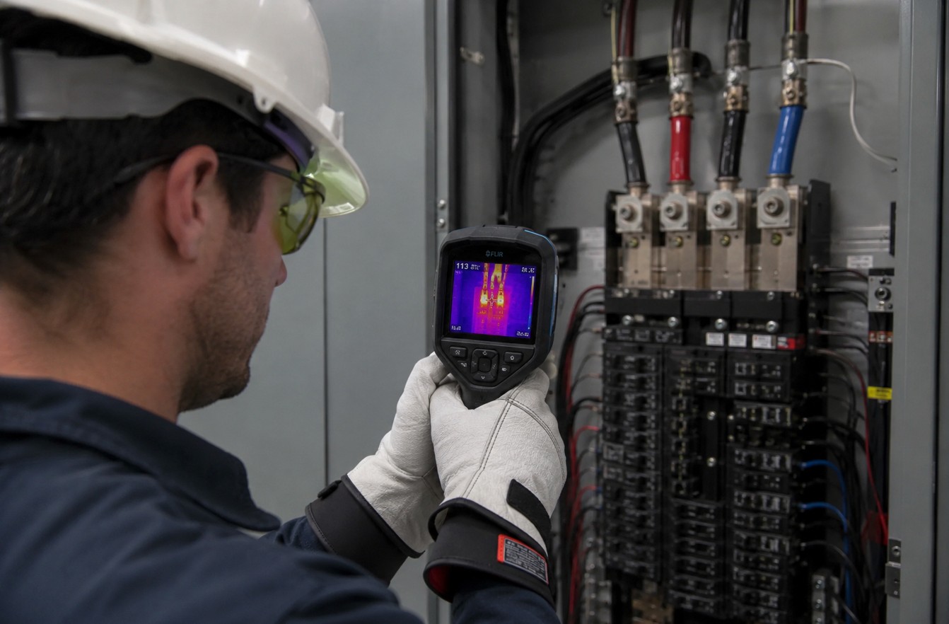 Inspector using thermal imaging camera to identify electrical panel overheating.
