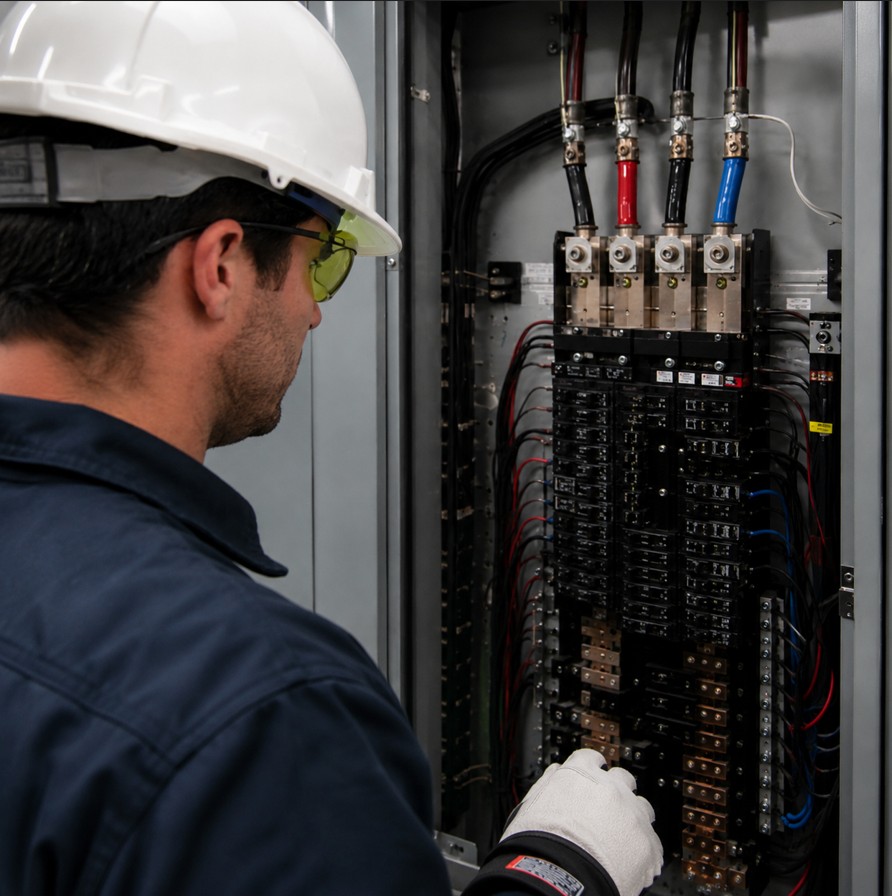 Technician visually inspecting a commercial electrical panel before infrared thermography testing.
