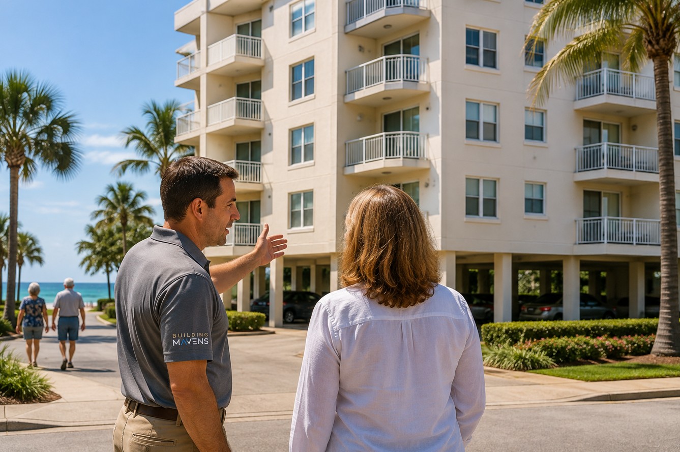 Building Mavens representative speaks with a woman about a progressing building inspection.