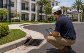 Engineer in a white hard hat kneels whilel ooking at tablet.