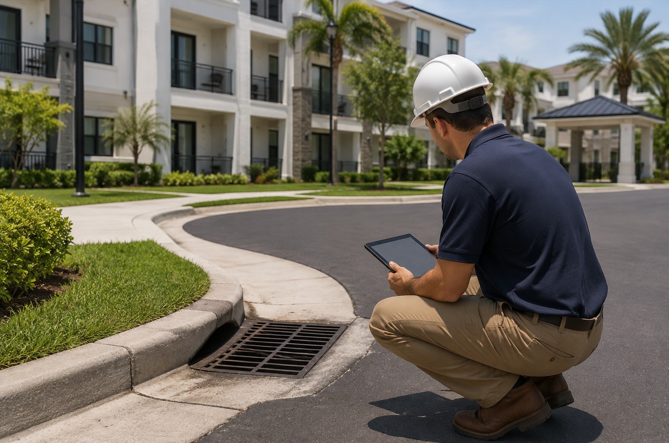 Engineer in a white hard hat kneels whilel ooking at tablet.