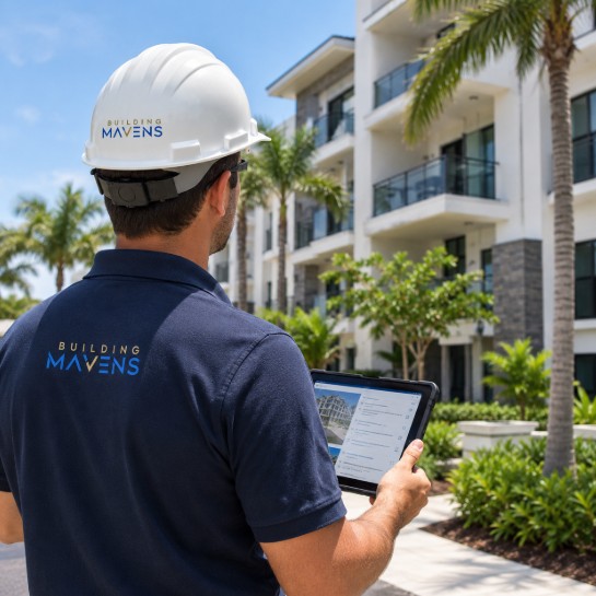 Building Mavens engineer looks at building while holding lit tablet.