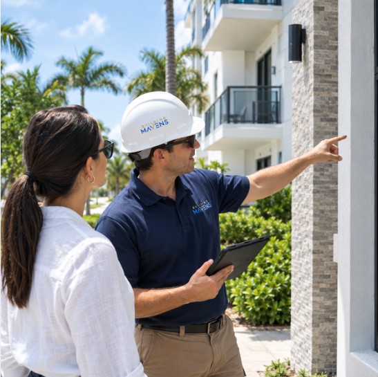 Building Mavens engineer points at building while discussing the situation with a client.